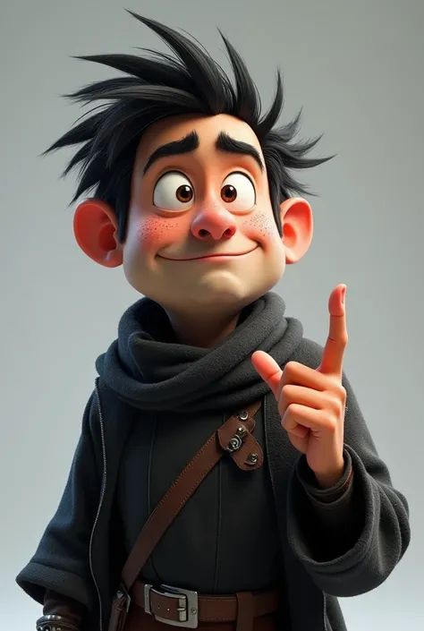 "A stylized animated character middle age man with expressive features, featuring messy black hair, thick eyebrows, and light freckles. The character has a thoughtful and slightly surprised expression, pointing upward with one finger as if having an idea. ...