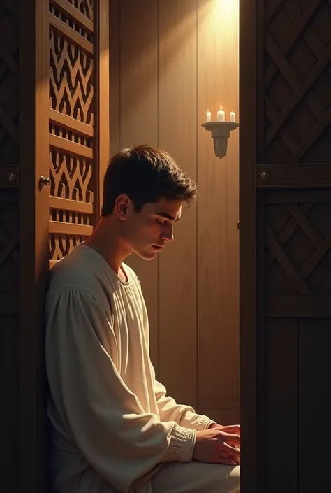 A young man,  he is sitting in the confessional while the priest listens attentively. An aura of peace surrounds him when he receives absolution .