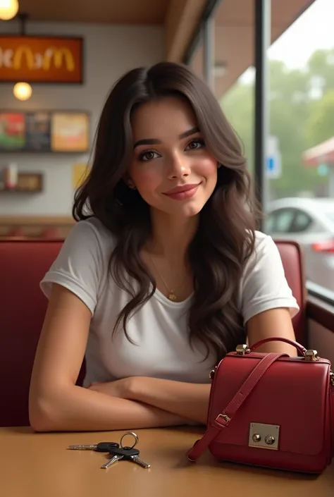 Femme physique rond petite type algérienne à la table Macdonald, femme bouche qui fait un bisous, cheveux longs lisses couleur brun foncé, habiller dun tshirt blanc, poitrine petit, sac a main a cote delle cle sur la table 