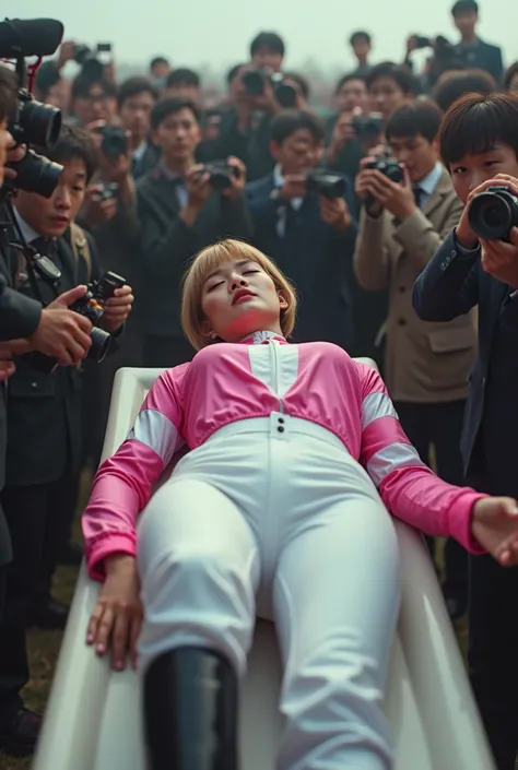 whole body, Crowd Watching Anxiously,Horse racing , Butt Oriented , A 21-year-old Japanese woman who fell from her horse lies on her back on a white stretcher,japanese,Korean style beauty,Transparency, white skin,Gray Eyes,cute,Idol,Idol, portrait,Model, s...