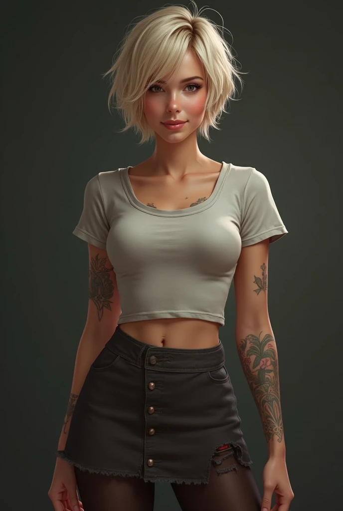   Foto realista. Sensual. 18 year old woman. Short skirt tights. short blonde hair. happy. tight t-shirt, tattoos.