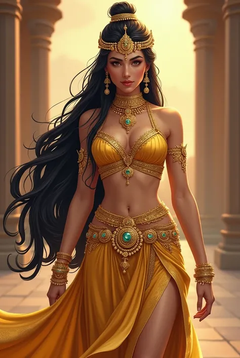 "Create an illustration of a royal princess from the Bagan dynasty in ancient Myanmar. The princess is wearing an elegant traditional Cambodia apsara belly dancer style outfit made of golden silk with intricate patterns. She has long, beautifully styled bl...