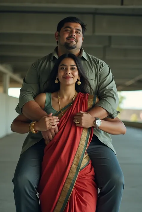 an overweight man on a tall slim smiling beautiful Armenian brunette womans shoulders in a underground parking lot , shoulder ride, carrying person, man on top half of image, woman on bottom half of image, she is wearing satin saree , she has tied hair, na...