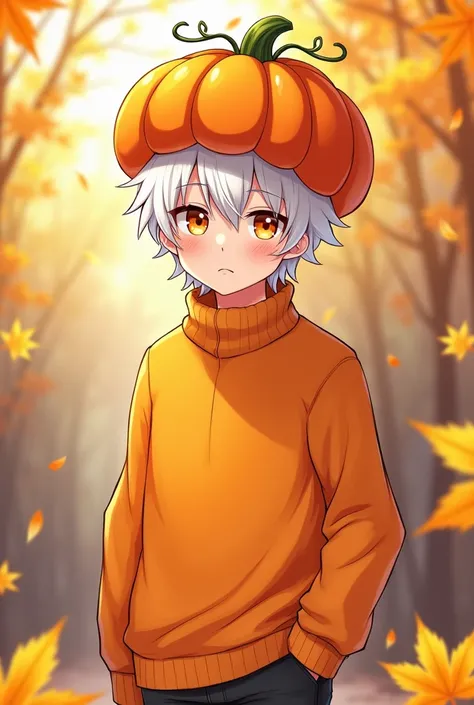 Anime man with white hair and pumpkin hat and orange sweater 