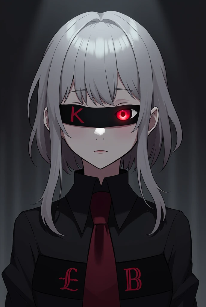  I created an anime character similar to Eris from the anime Princess Connect re Dive, But with a darker look  ,  add the following letters highlighted below  "KSB6 " ,  to the photo and make it using a band around the eyes showing only one side of the cri...