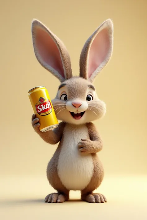  Rabbit with yellow beer can with logo "Skol "  in the hand 3d 