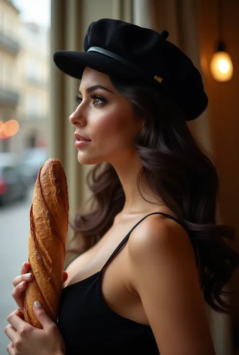 curvy brunette woman Résolution Haute, Béret, de profil avec une baguette de pain