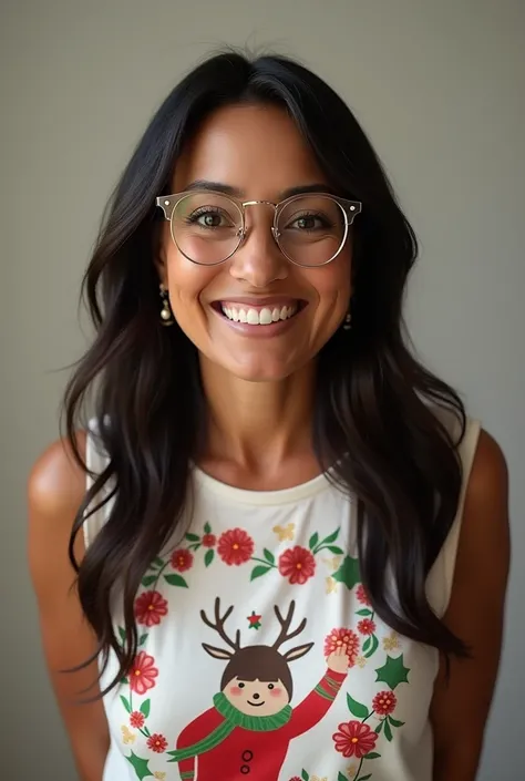 mother,glasses, long hair , dark skin, sleeveless Christmas shirt ,from the waist up, brown eyes,happy,Chubby but not so much ,without earrings