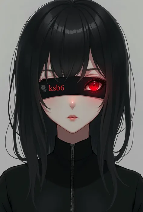  I created an anime character similar to Eris from the anime Princess Connect re Dive, But with a darker look  ,  add the following letters highlighted below  "KSB6 " ,  to the photo and make it using a band around the eyes showing only one side of the cri...