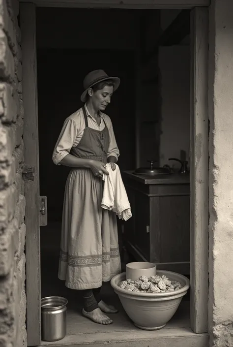 woman washing her husbands clothes ,  living in the chacras  (Old houses )  of Neuquen Argentina in the years 1930 to 960