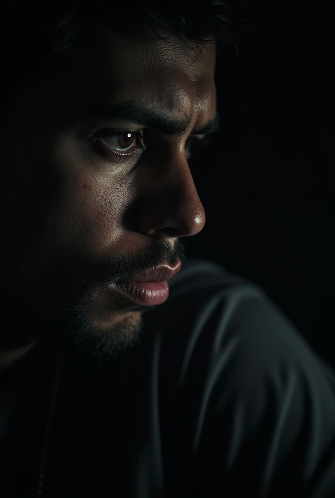  Close-up of a man , With drops of sweat,  while whispering to himself in the dark.