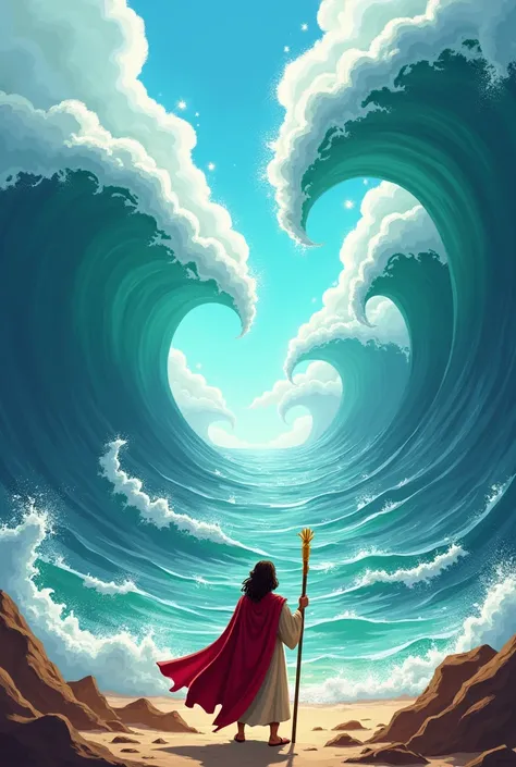 Images of biblical character Moses opening the red sea with staff in his hand and people crossing the sea in Cartoon