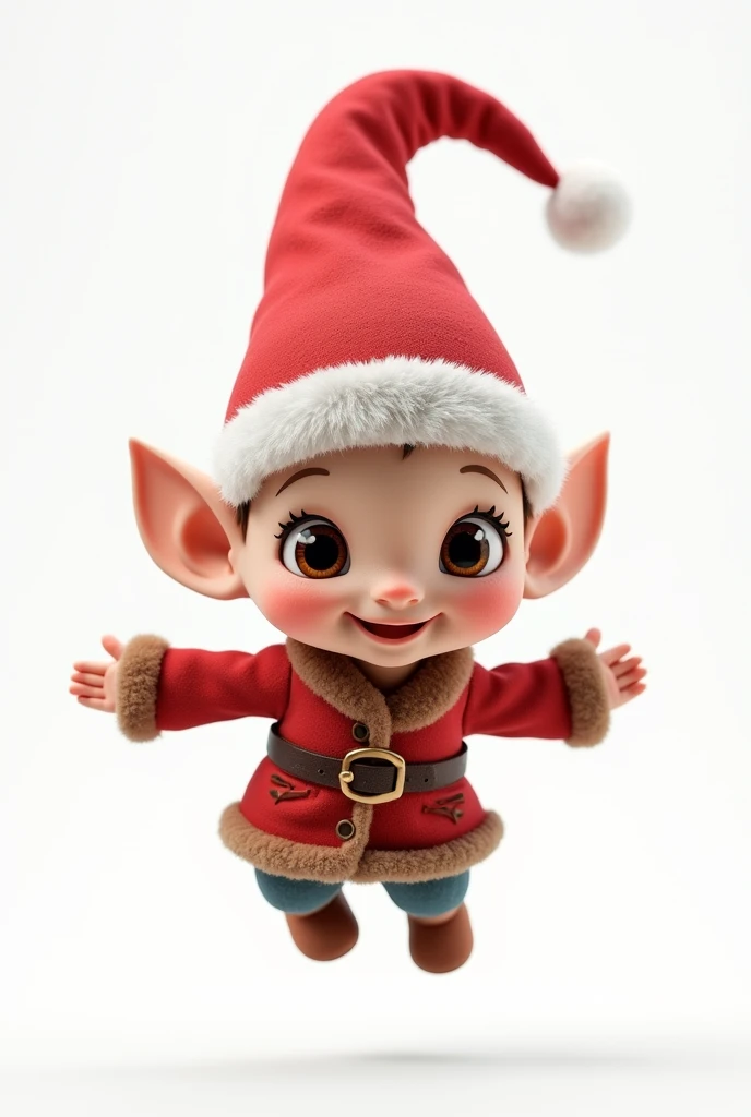  A jovial and friendly  gnome rendered in 3D designed to create a cheerful and warm environment, suitable for ren . The gnome is found jumping in the center of a pure white background ,  completely visible from head to toe .  It has a skinny and pretty app...