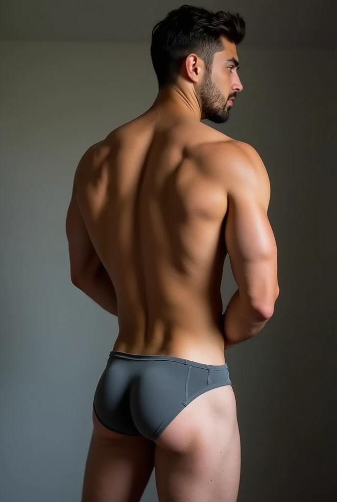 Create a handsome Caucasian muscular gay man wearing panties while wearing panties while wearing panties between the buttocks in a sexy way,  showing her ass