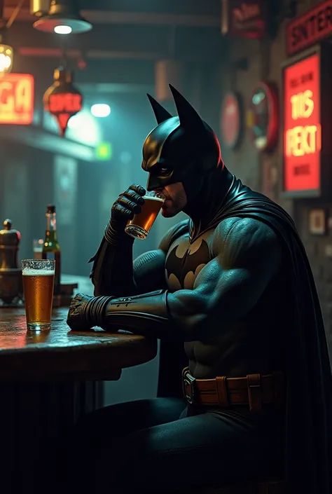 Batman drinking beer in a bar