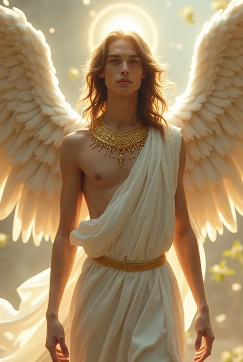 An angelic male creature with massive wings behind his back and a halo above his head. Has long brown hair, brown eyes and little moles all over his body. Not tall and no muscles, wears white robes with golden jewelry.