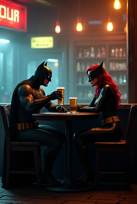 Batman drinking beer in a bar with batgirl