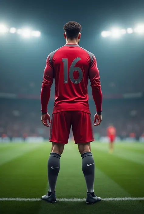 A footballer/  defense before the game : Age:  25 years height 1 ,81 m ,  athletic build,  lightly combed dark brown short hair,  blue eyes.  uniform :  red jacket with gray highlights , Red shorts, Dorsal 16 in gray , gray tights down ,  black Nikes ankle...