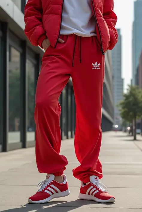 I like, But the shoes are red with white stripes from the Adidas brand
Combine those shoes with baggy wide pants