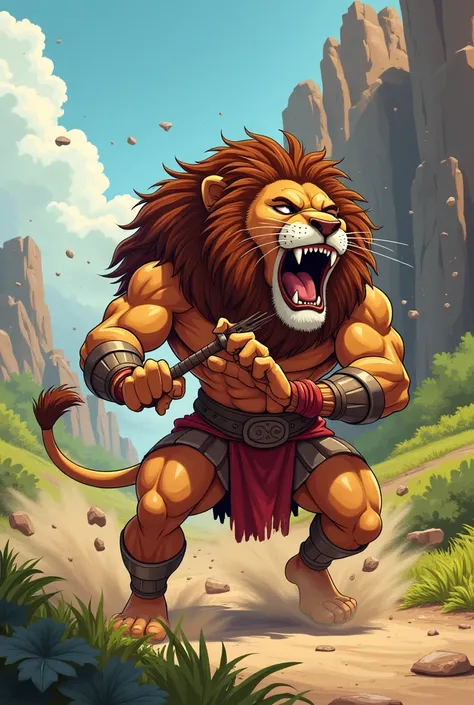 Cartoon images of the biblical character Samson tearing the lion