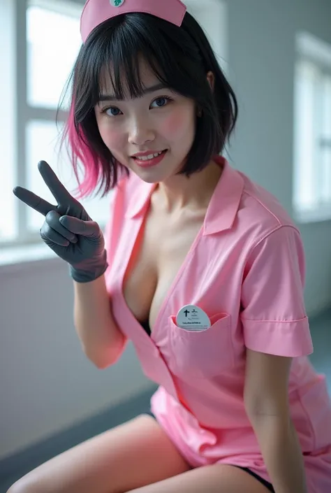 (There is a young Japanese woman in pink nurse wear:1.5), sneering smiling face, (Wearing black latex gloves:1.3), latex shiny, (Black latex shorts:1.4), dominatrix, shiny and metallic, shiny glossy skin, Cute Japanese girl face similar to Minami Hamabe, A...