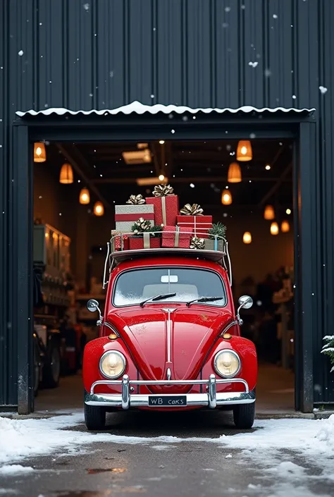 Generate an image in a Christmas atmosphere with a red Volkswagen car and above it on the roof full of gifts ,  that is located in the black metal door entrance to an automotive workshop specialized in painting and detailing called wbcars