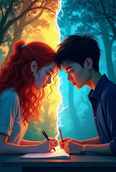 The cover is divided into two : on the LEFT side,  a young woman with long curly red hair and blue eyes, in an outdoor environment, surrounded by trees,  writing with intense expression ; On the right side,  a young Asian man with dark eyes and hair in his...