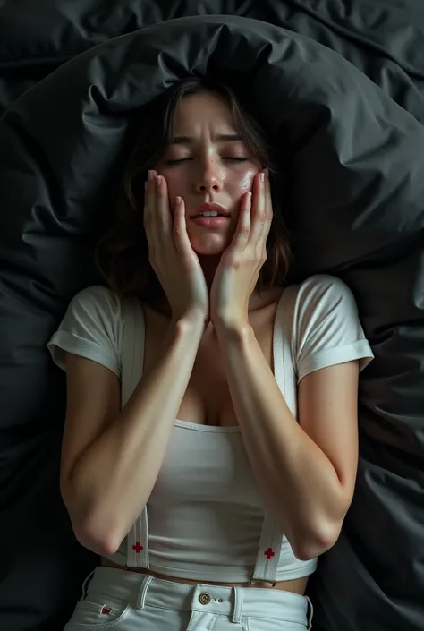 naked 20-year-old white European woman wearing a transparent t-shirt with white suspenders with a red cross printed with both hands in her mouth a giant black comforter, Crying appeasing , hyper-real
