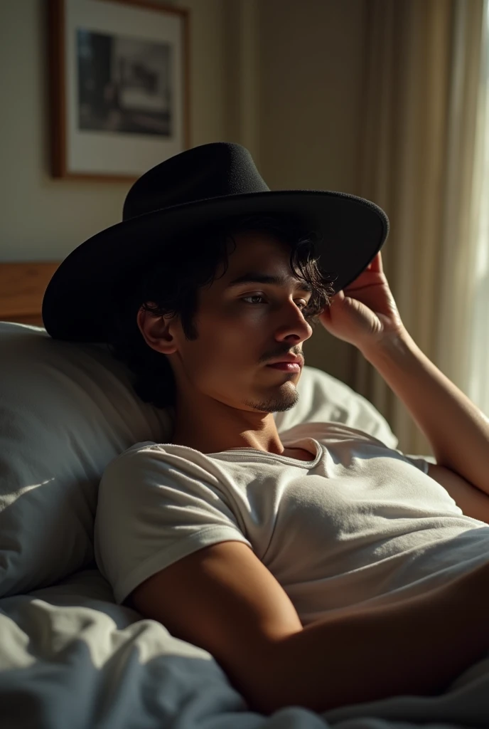 To a young man wearing a black sun hat with black ,  Latino hair thrown on his bed imagining his inner  wearing the same black hat made, In a format for TikTok 