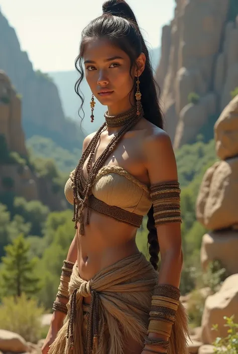 A girl wearing attractive clothes in the time of the Stone Age