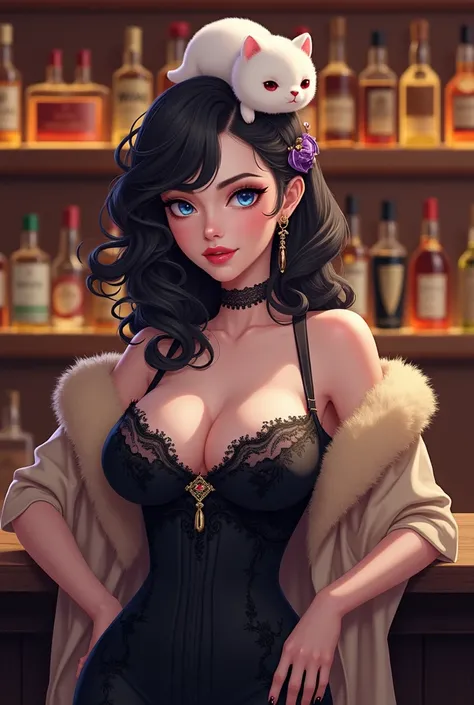 This is a highly detailed digital illustration in a fantasy style, This is a detailed digital illustration featuring a young woman with a striking appearance. She has pale skin and shoulder-length, wavy black hair that partially covers her left eye. Her ri...