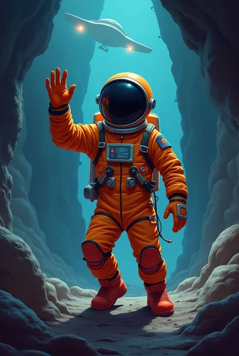 2d orange waving astronaut karoon with dark theme 