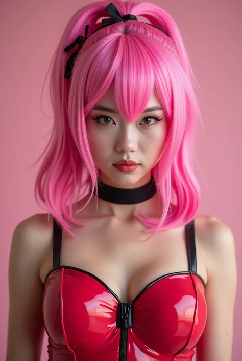 Latex Costume Young Japanese Woman Fuchsia Hair Pink High Definition Ponytail