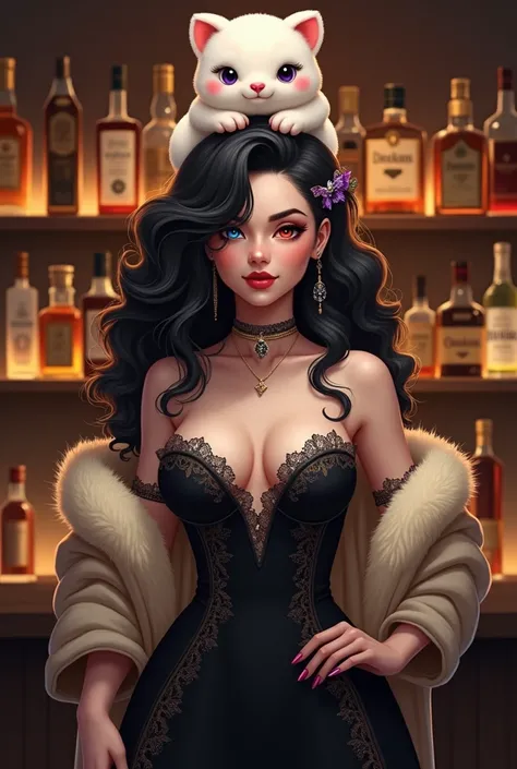 This is a highly detailed digital illustration in a fantasy style, This is a detailed digital illustration featuring a young woman with a striking appearance. She has pale skin and shoulder-length, wavy black hair that partially covers her left eye. Her ri...