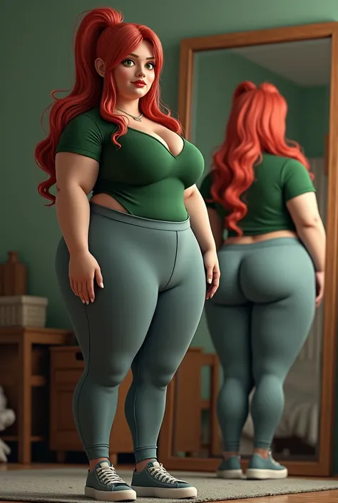 Green T-shirt, tight grey yoga pants, exaggerated big butt, converse tennis shoes, big boobies, long redhair in ponytail, full lips, pale skin,thick thighs, beautiful ,green eyes, standing infront of mirror, bedroom,Female,mechanic,exaggerated huge butt, c...