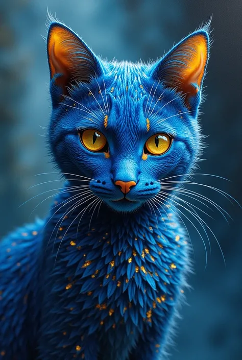 a blue cat with yellow eyes on an acrylic canvas, in the style of intricate surfaces, made of liquid metal, infinity nets, dark gold and indigo, kitten, photorealistic wildlife art, yupik art, algorithmic artistry —ar 9: 16 —c 11 —s 555 —v 5 . 1 —ar 9 :16 ...