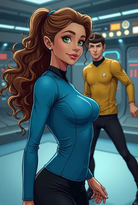  Woman with long brown curly hair and green eyes and small pointy ears wearing blue gym clothes she is teaching Spock from Star Trek with pointy ears and brown eyes wearing black gym clothes, Dancing in the background of a starship gym Enterprise manga sty...