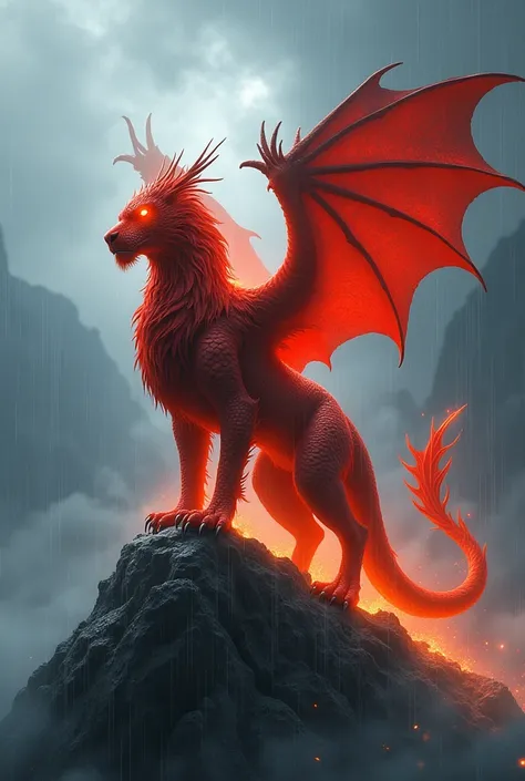 Imagine a Gryphon half red Dragon exuding a fiery aura on a rainy mountain