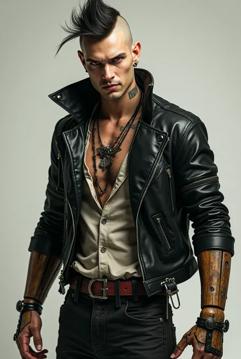 A sexy man with shaved hair on the brown side and a tuft wearing half-punk clothes with wooden arms and red eyes 