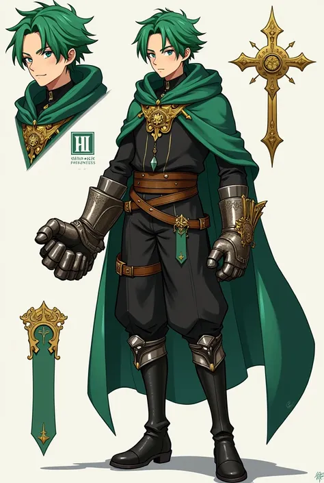 RPG character sheet with positions from various angles, male clergyman, with Large Steel Mittens with gold ornaments as weapons,  green hair, age 22 years, Necklace with sacred symbol , black and green clothes, with hood