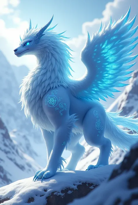 Imagine an ice-blue Garurumon half Gryphon with neon blue eyes with several runes on its body on a snowy mountain 