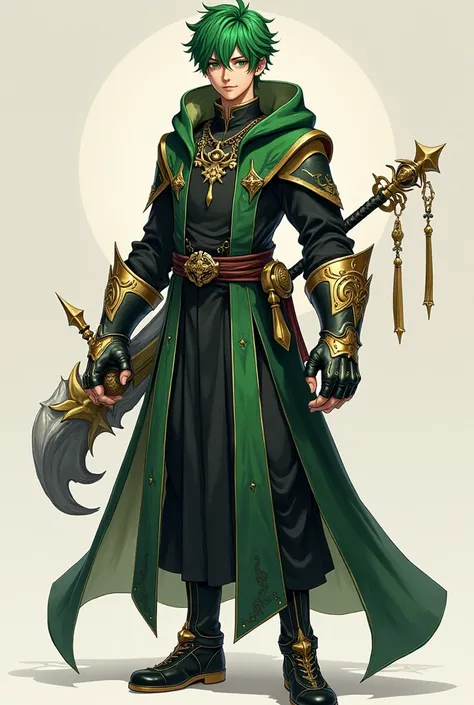  RPG character sheet with positions from various angles, male clergyman, with Large Steel Mittens with gold ornaments as weapons,  green hair, age 22 years, Necklace with sacred symbol , black and green clothes, with hood