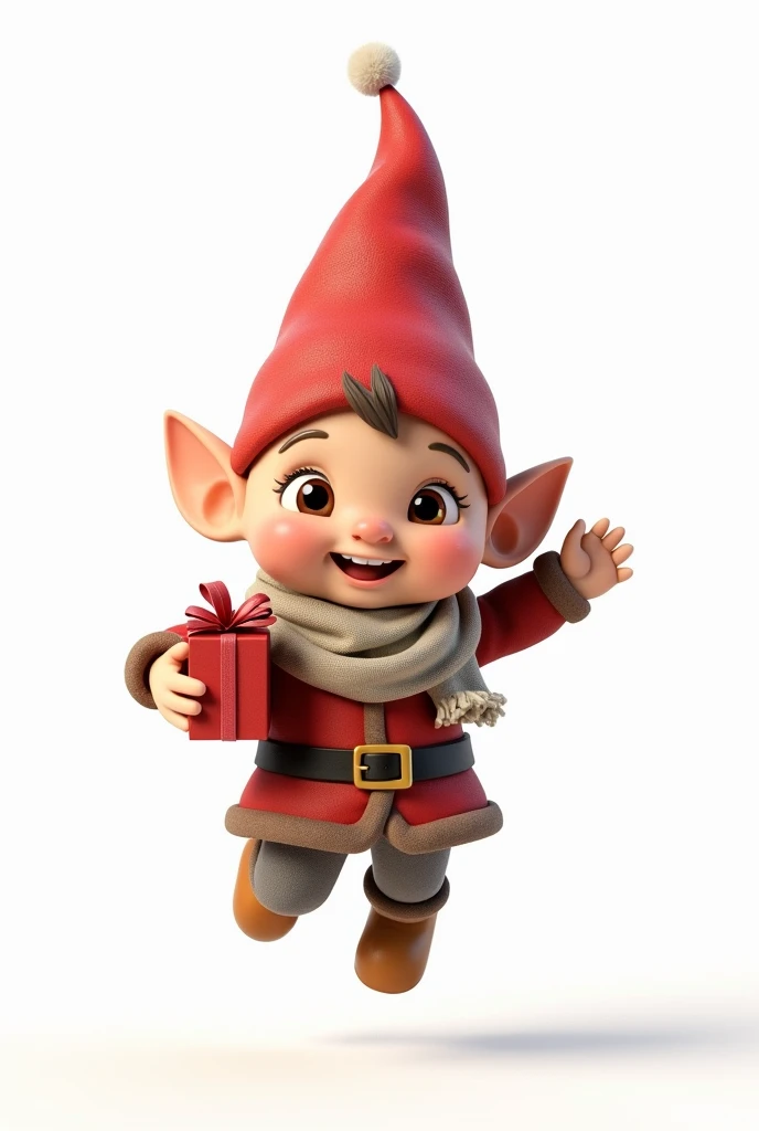  A boy gnome with jovial and friendly lenses rendered in 3D designed to create a cheerful and warm environment, suitable for ren . The gnome is found with a gift in his hand in the center of a pure white background jumping cheerfully  ,  completely visible...