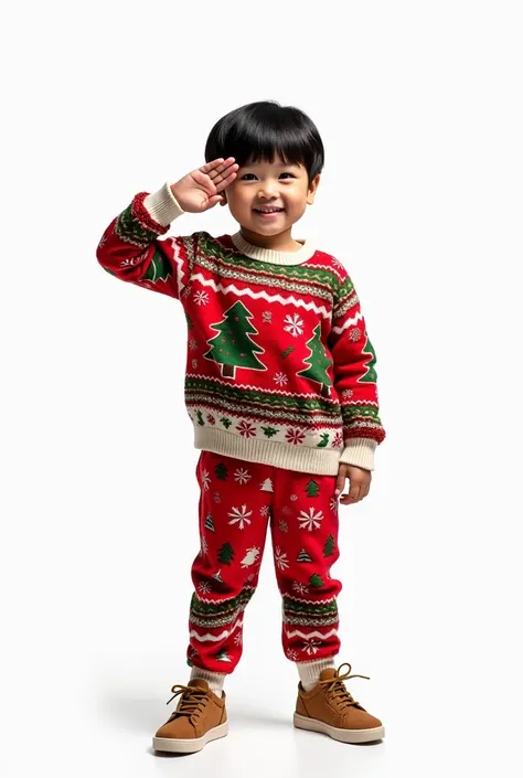  boy of normal build wearing Christmas sweater and Christmas pants without a hat black hair, Saluting raising his left hand with white background 