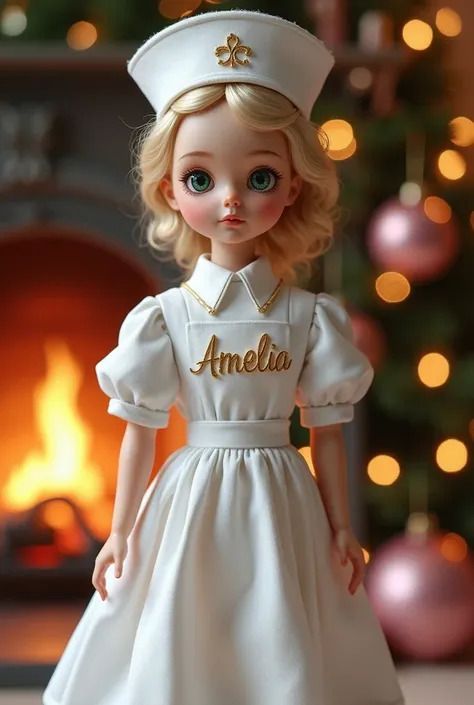 Make a doll dressed as a nurse ,  with blonde hair color and green eye color ,  write the name Amelia in gold letters and set a Christmas background, with fireplace and pink spheres