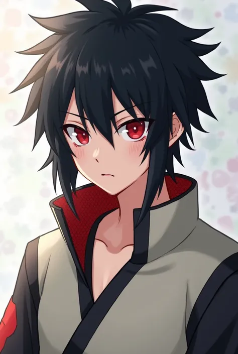 anime boy, He is 18 years old, You have part of your chest uncovered, He is a ninja from Konoha with red eyes and his pupil is white with a horizontal line and black hair, His clothes are a mesh with a white vest
