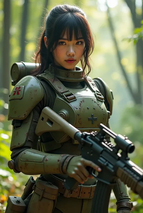 8K, Real Photo, Realistic Skin Texture, Super Realism, (WWII Era), (Mechanical Suit), Steampunk, Beautiful Forest Through Trees, Heavy Weapons, Vivid Textures, Beautiful Hair, Japanese Female Soldier, (Super Beautiful Face), Legs, ((Super Realistic All Tex...