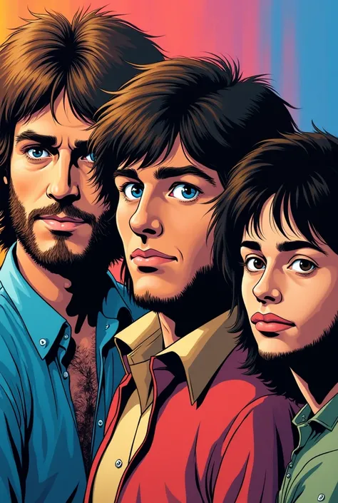  I want you to draw the bee gees in an 80s anime style with their facial features ( Take  "cowboy bebop) Just draw their faces from the front 