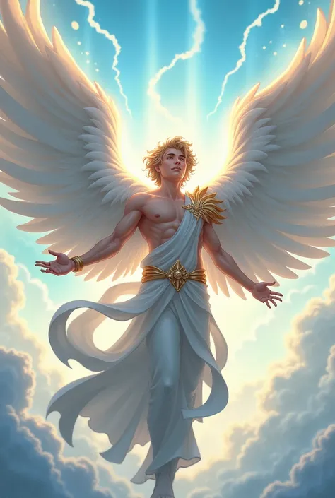 Male angel with open wings in anime