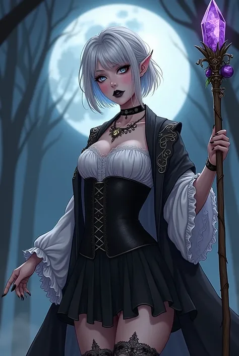 Male wizard, who is a crossdresser and wears feminine clothes. Dark makeup, black lipstick, black eyeshadow, black nail polish. Black witches hat. Arcane tatoos around collarbone and under left eye. Black cloak. Black lace stockings, short loose black skir...